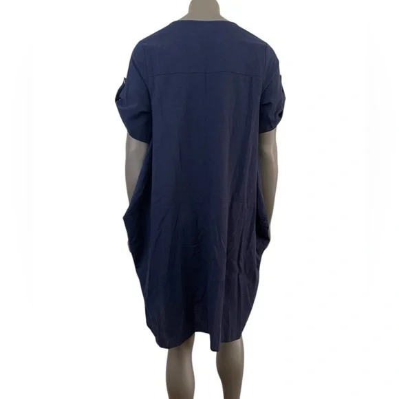 Minibee Dress Women M Navy Blue Linen Cotton Midi Lagenlook Boho Oversized - Picture 2 of 12